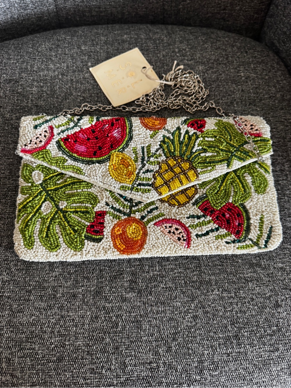 SOL + MER Tropical Beaded Envelope Clutch - Multicolor Fruit Motif